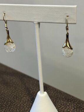 White Crystal and Gold tone Tear Drop Dangle Earrings